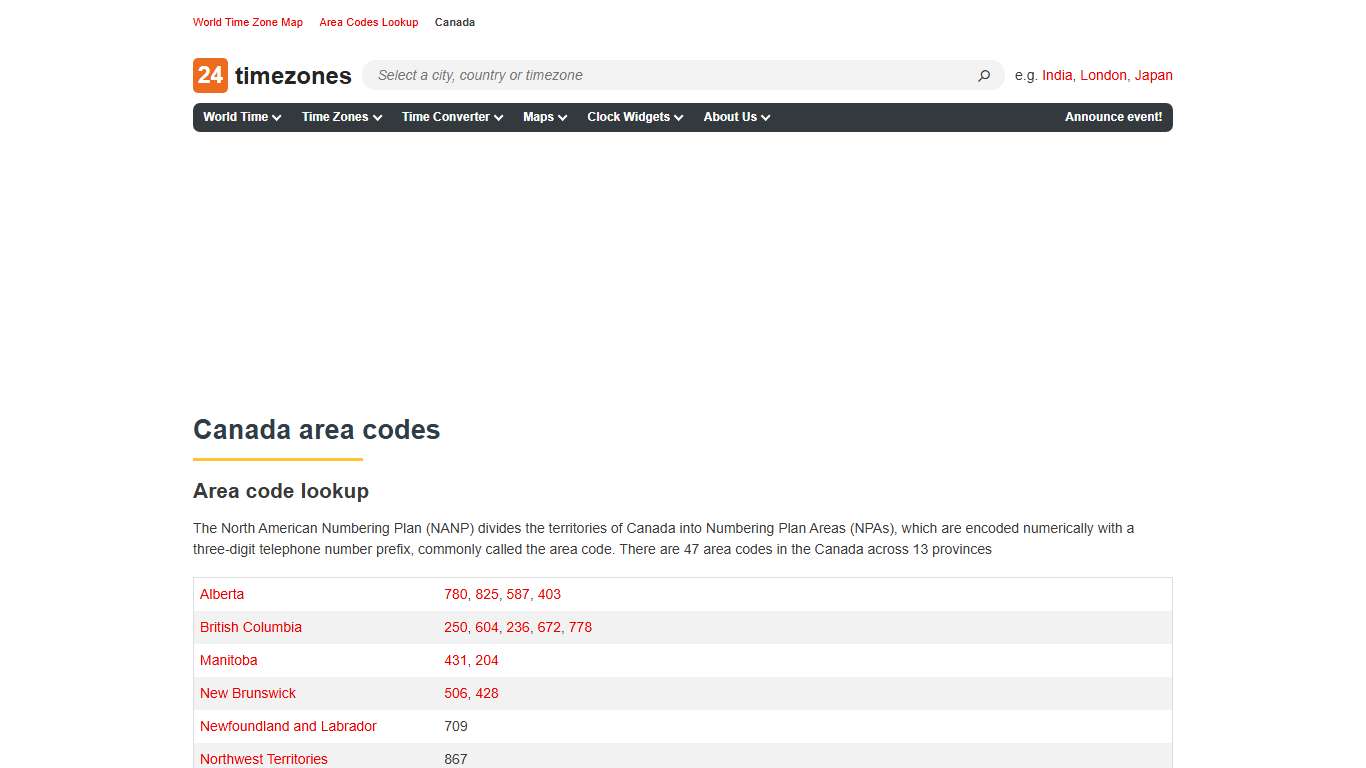 Canada Area Codes Directory
